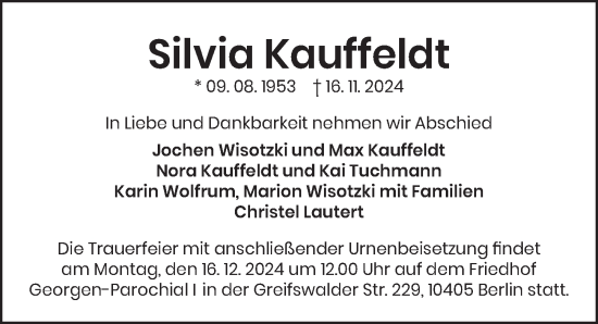 Traueranzeige von Silvia Kauffeldt von Berliner Zeitung