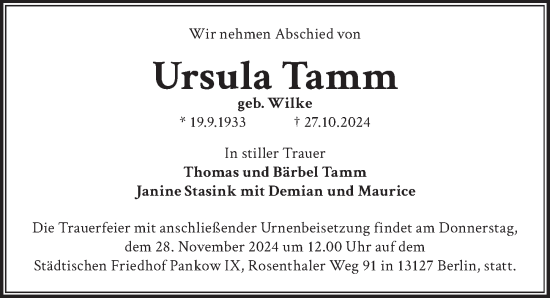 Traueranzeige von Ursula Tamm von Berliner Zeitung