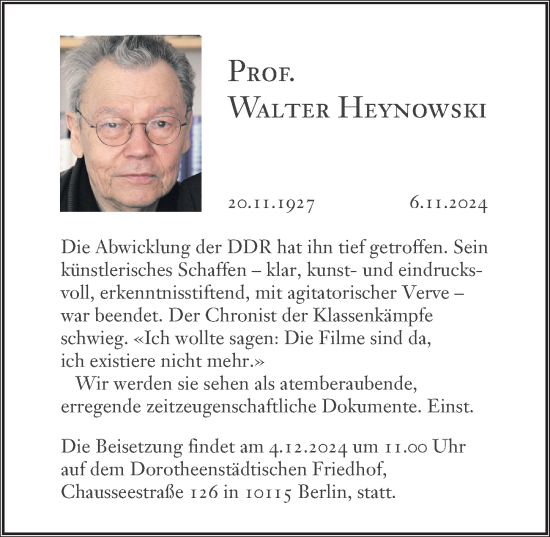 Traueranzeige von Walter Heynowski von Berliner Zeitung