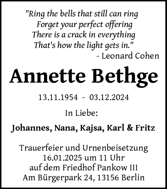 Traueranzeige von Annette Bethge von Berliner Zeitung