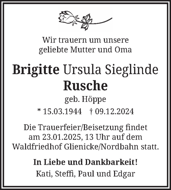 Traueranzeige von Brigitte Ursula Sieglinde Rusche von Berliner Zeitung