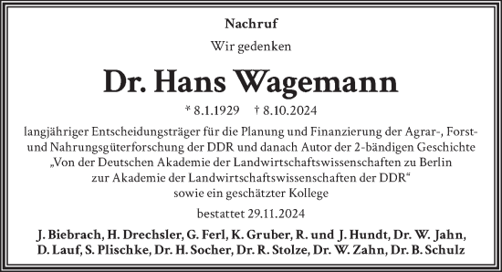 Traueranzeige von Hans Wagemann von Berliner Zeitung