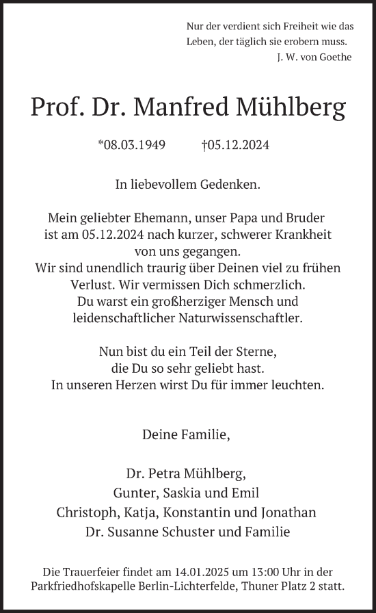 Traueranzeige von Manfred Mühlberg von Berliner Zeitung