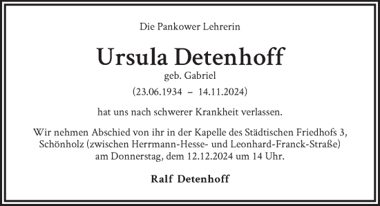 Traueranzeige von Ursula Detenhoff von Berliner Zeitung