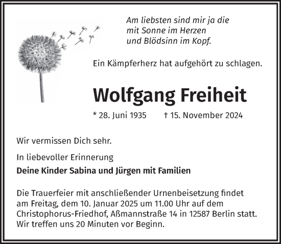 Traueranzeige von Wolfgang Freiheit von Berliner Zeitung