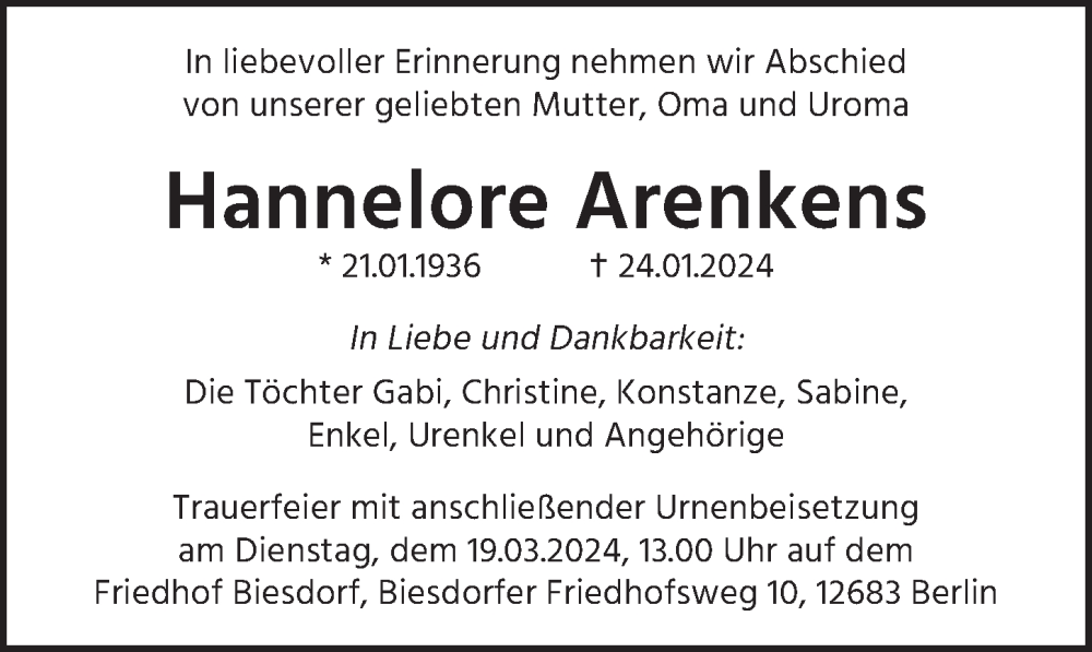  Traueranzeige für Hannelore Arenkens vom 10.02.2024 aus Berliner Zeitung