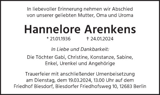 Traueranzeige von Hannelore Arenkens von Berliner Zeitung