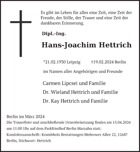 Traueranzeige von Hans-Joachim Hettrich von Berliner Zeitung