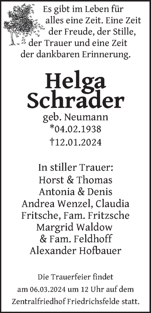  Traueranzeige für Helga Schrader vom 10.02.2024 aus Berliner Zeitung