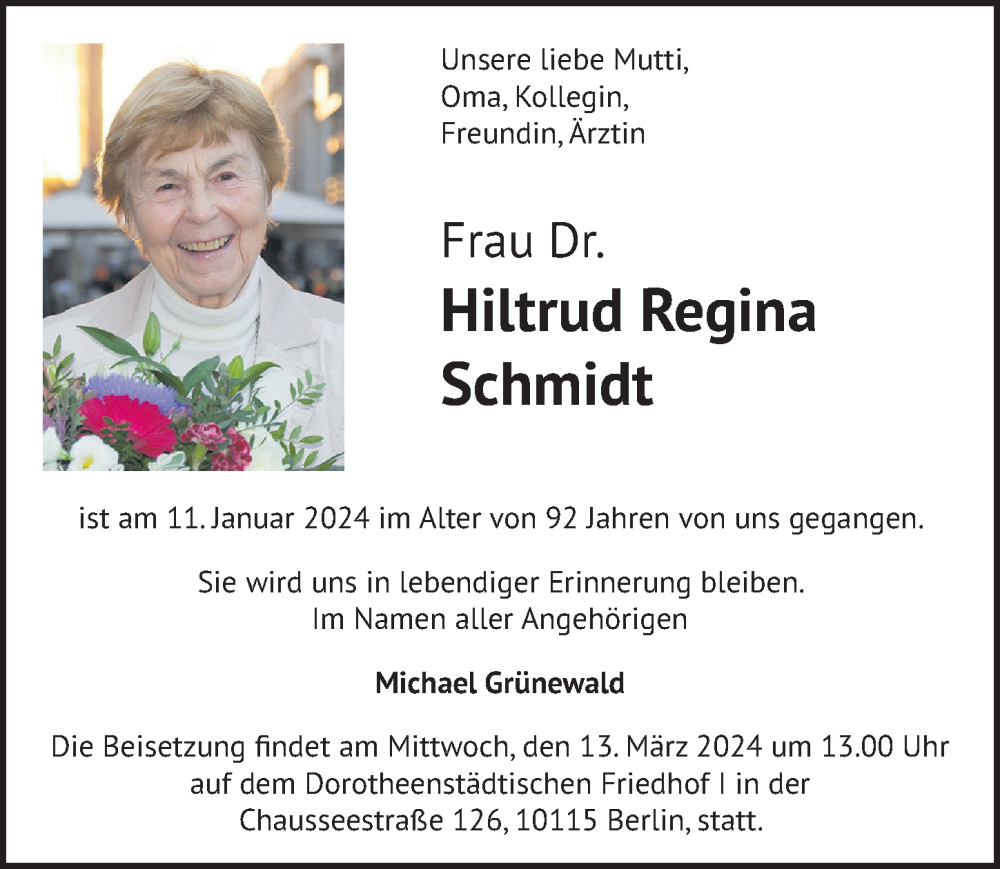  Traueranzeige für Hiltrud Regina Schmidt vom 02.03.2024 aus Berliner Zeitung