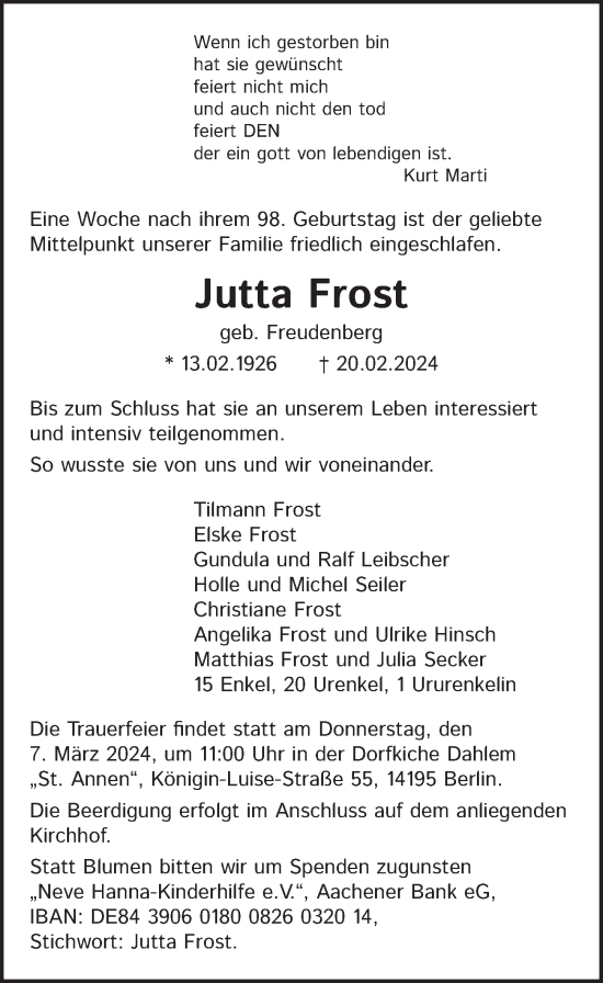 Traueranzeige von Jutta Frost von Berliner Zeitung