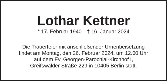 Traueranzeige von Lothar Kettner von Berliner Zeitung