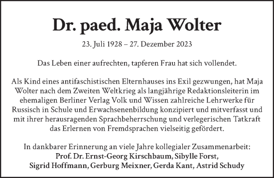 Traueranzeige von Maja Wolter von Berliner Zeitung