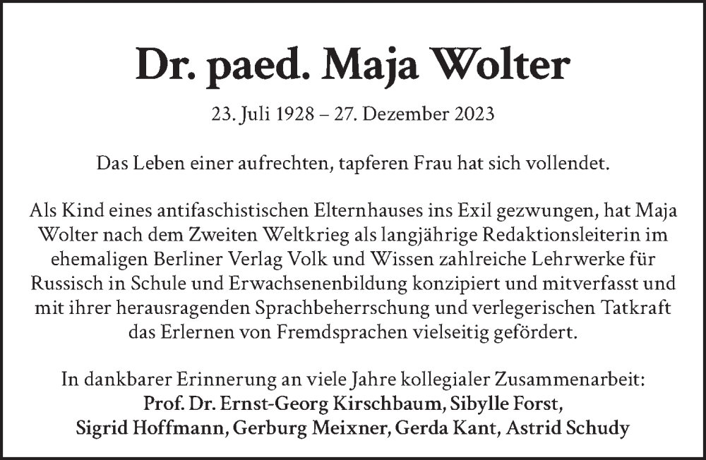 Traueranzeige für Maja Wolter vom 10.02.2024 aus Berliner Zeitung