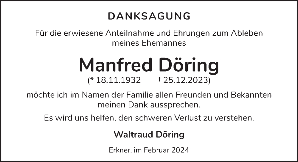  Traueranzeige für Manfred Döring vom 10.02.2024 aus Berliner Zeitung