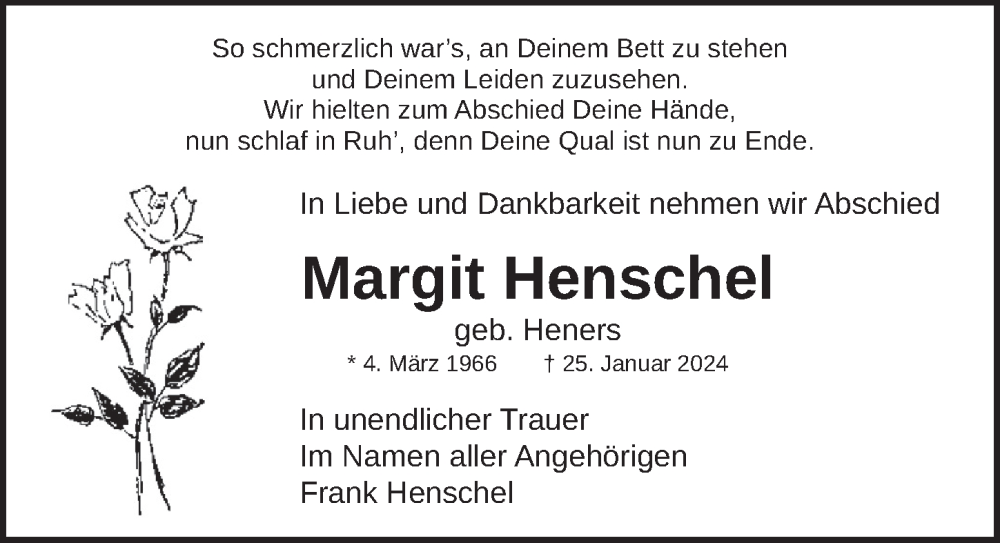  Traueranzeige für Margit Henschel vom 07.02.2024 aus Berliner Zeitung