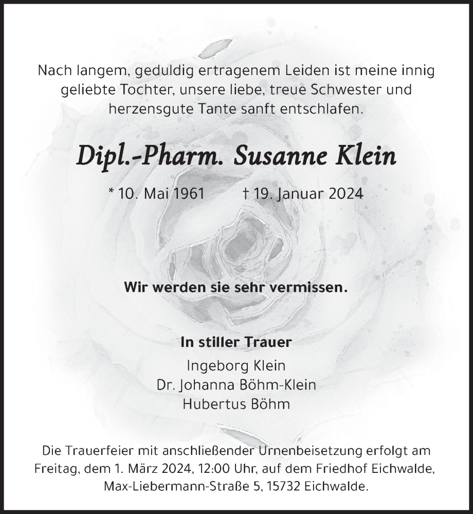  Traueranzeige für Susanne Klein vom 10.02.2024 aus Berliner Zeitung