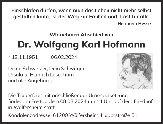 Traueranzeige von Wolfgang Karl Hofmann von Berliner Zeitung