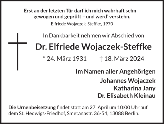 Traueranzeige von Elfriede Wojaczek-Steffke von Berliner Zeitung