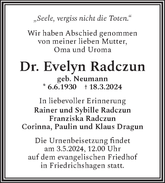 Traueranzeige von Evelyn Radczun von Berliner Zeitung
