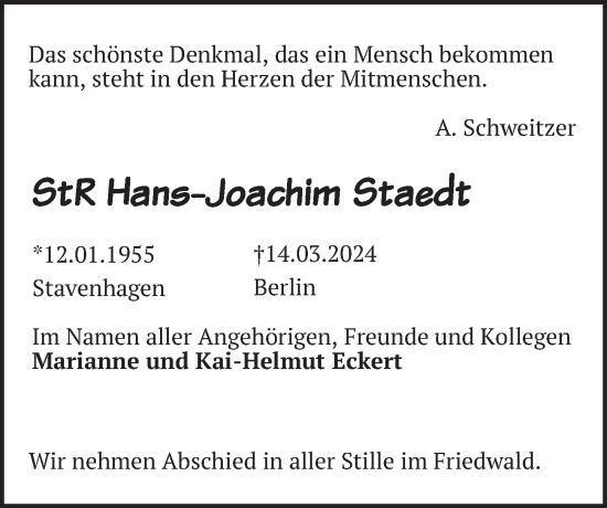 Traueranzeige von Hans-Joachim Staedt von Berliner Zeitung