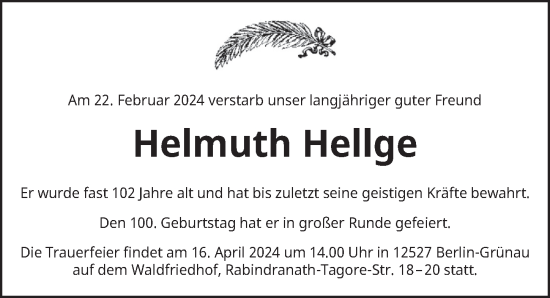 Traueranzeige von Helmuth Hellge von Berliner Zeitung