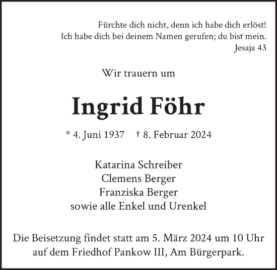Traueranzeige von Ingrid Föhr von Berliner Zeitung