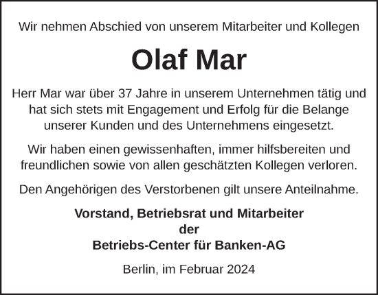 Traueranzeige von Olaf Mar von Berliner Zeitung