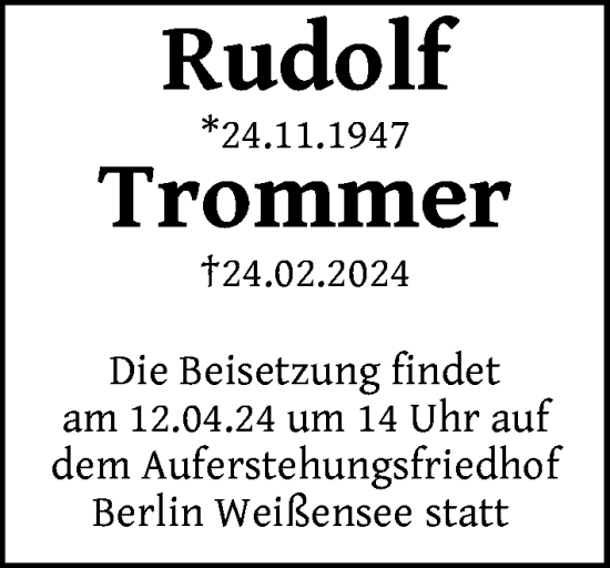 Traueranzeige von Rudolf Trommer von Berliner Zeitung