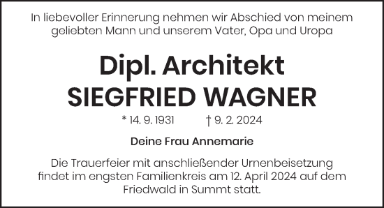 Traueranzeige von Siegfried Wagner von Berliner Zeitung