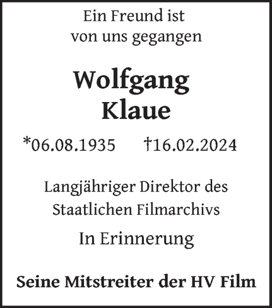 Traueranzeige von Wolfgang Klaue von Berliner Zeitung