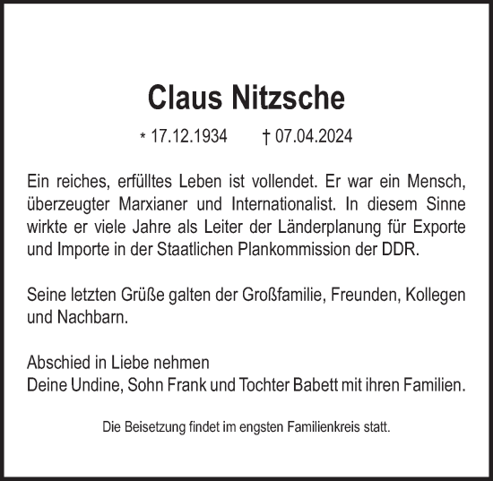 Traueranzeige von Claus Nitzsche von Berliner Zeitung