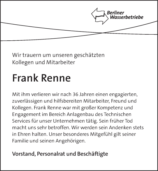 Traueranzeige von Frank Renne von Berliner Zeitung