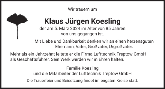 Traueranzeige von Klaus Jürgen Koesling von Berliner Zeitung