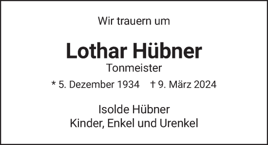 Traueranzeige von Lothar Hübner von Berliner Zeitung