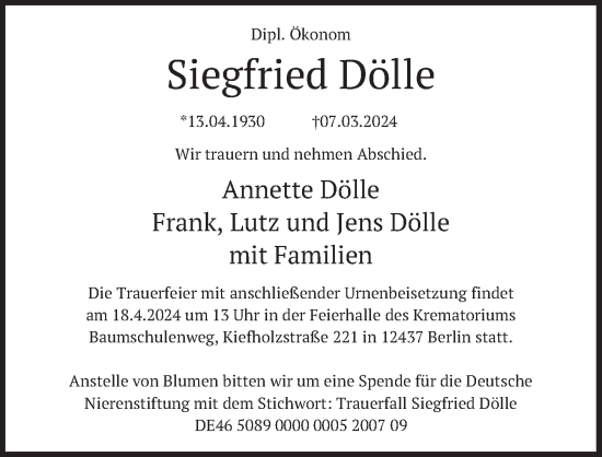 Traueranzeige von Siegfried Dölle von Berliner Zeitung