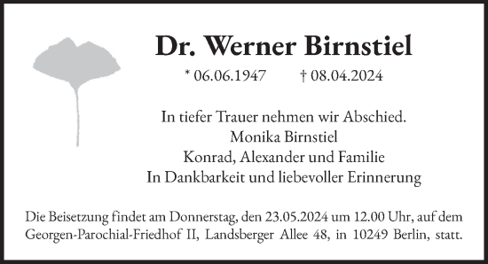 Traueranzeige von Werner Birnstiel von Berliner Zeitung
