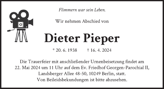 Traueranzeige von Dieter Pieper von Berliner Kurier