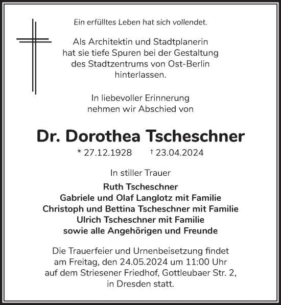 Traueranzeige von Dorothea Tscheschner von Berliner Zeitung