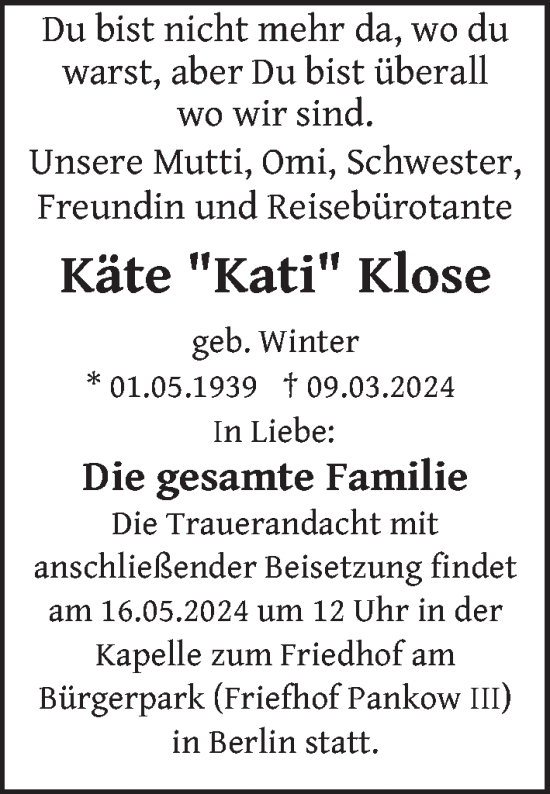 Traueranzeige von Käte Klose von Berliner Zeitung