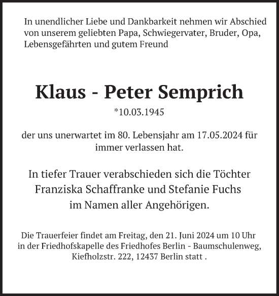Traueranzeige von Klaus-Peter Semprich von Berliner Zeitung