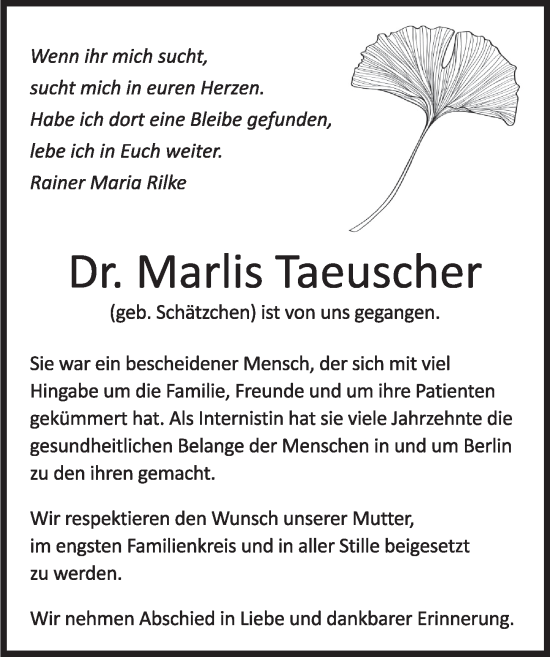 Traueranzeige von Marlis Taeuscher von Berliner Zeitung