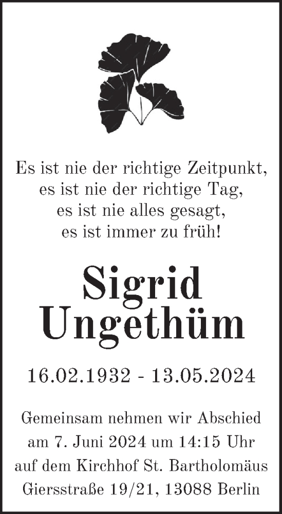 Traueranzeige von Sigrid Ungethüm von Berliner Zeitung