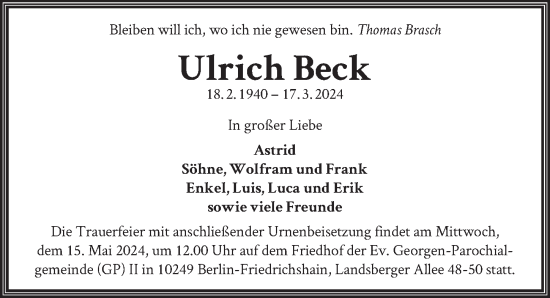 Traueranzeige von Ulrich Beck von Berliner Zeitung