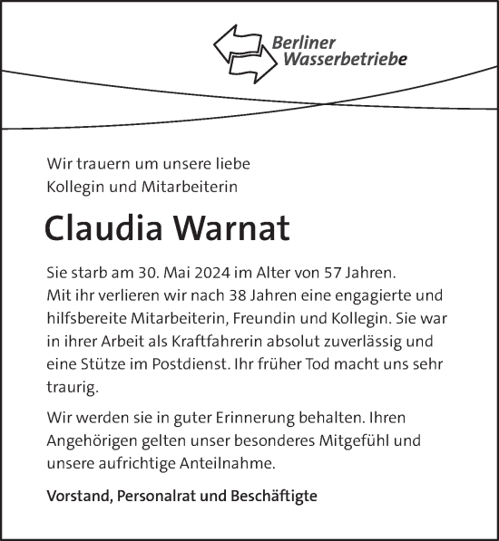 Traueranzeige von Claudia Warnat von Berliner Zeitung
