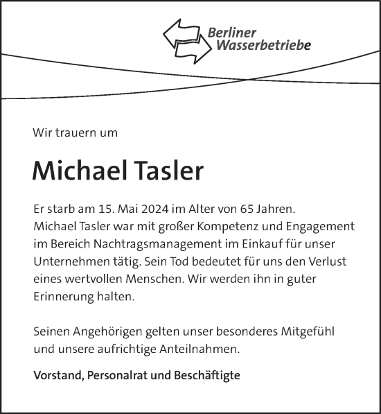 Traueranzeige von Michael Tasler von Berliner Zeitung