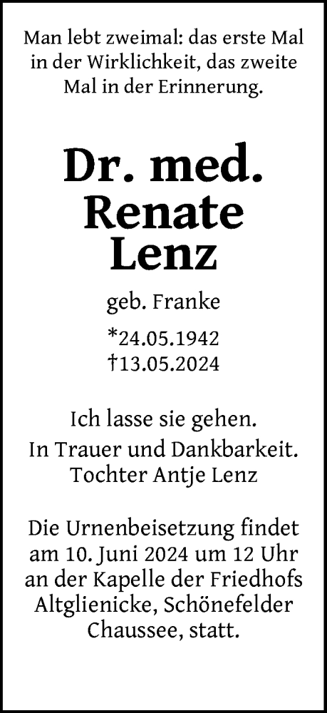Traueranzeige von Renate Lenz von Berliner Zeitung