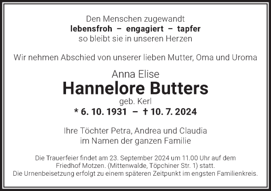Traueranzeige von Hannelore Butters von Berliner Zeitung