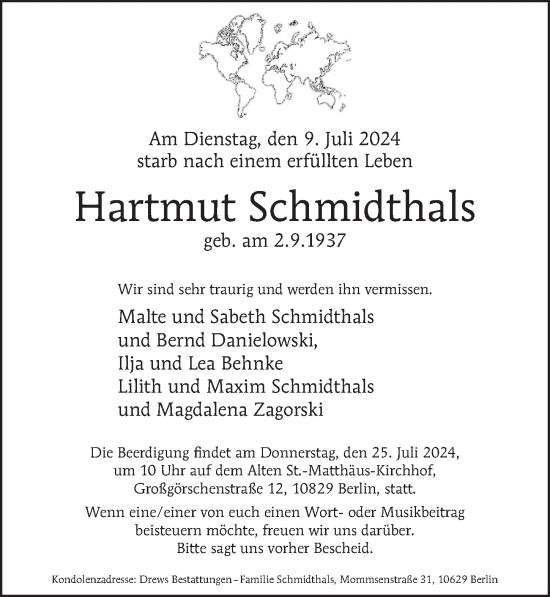 Traueranzeige von Hartmut Schmidthals von Berliner Zeitung