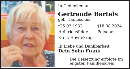 Traueranzeige von Gertraude Bartels von Berliner Zeitung